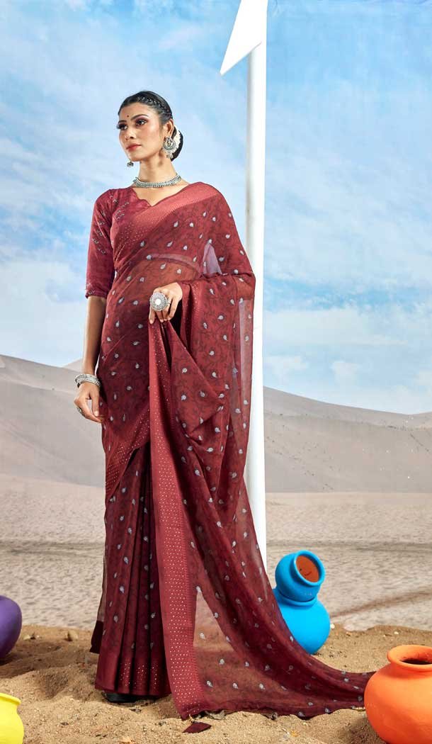 Maroon Color Georgette Foil Print Work Casual Party Wear Saree -5064159571