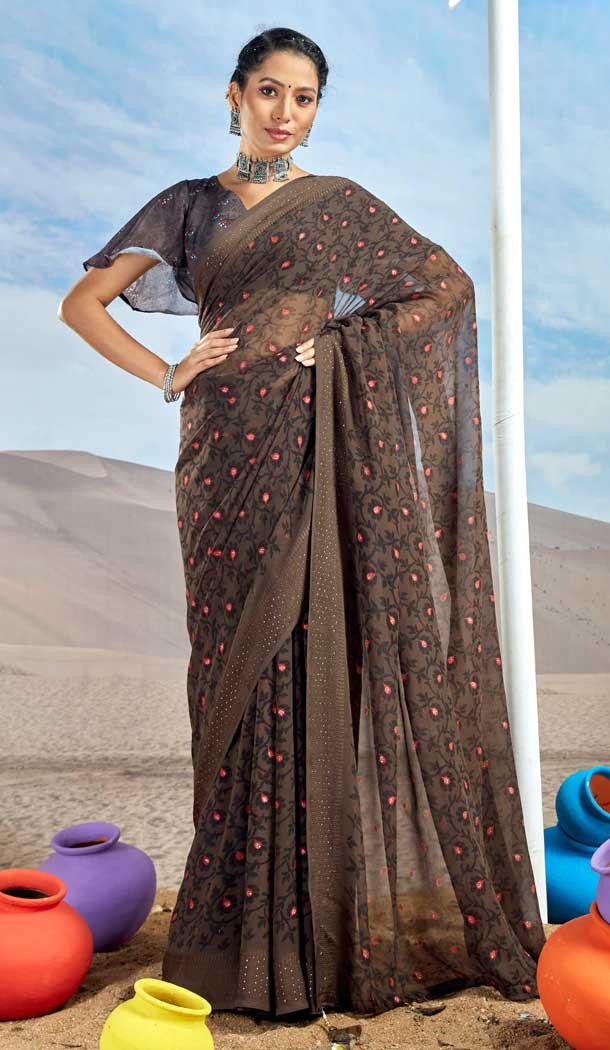 Party Wear Brown Color Georgette Foil Print Work Saree -5064159572