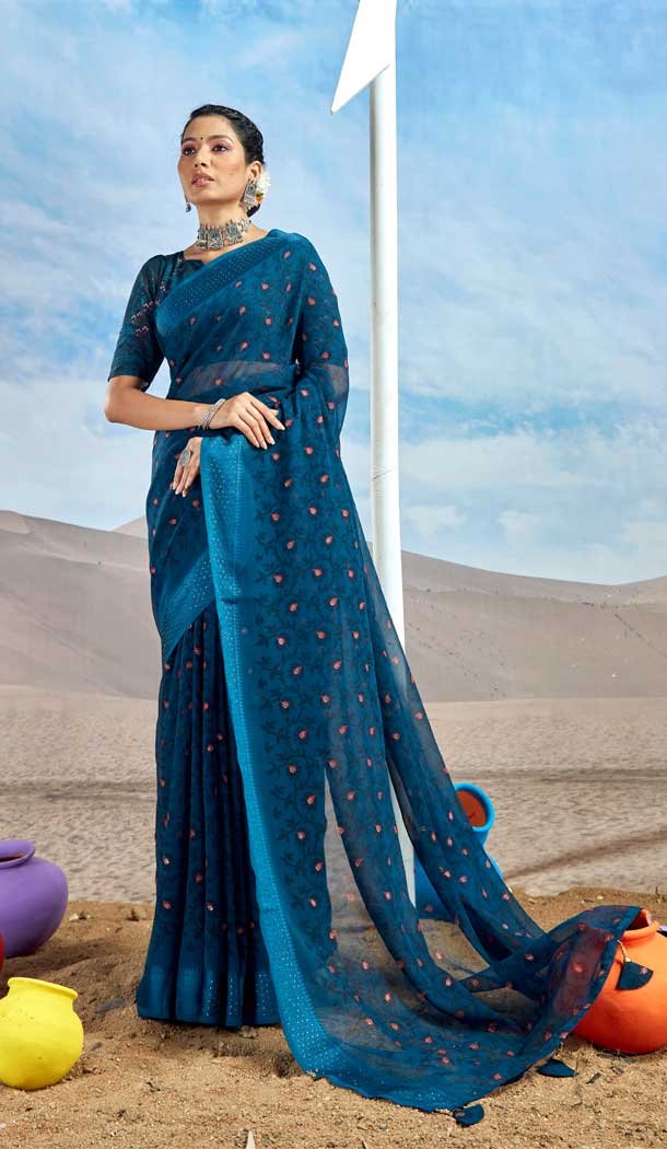 Blue Color Georgette Foil Print Work Casual Party Wear Saree -5064159573