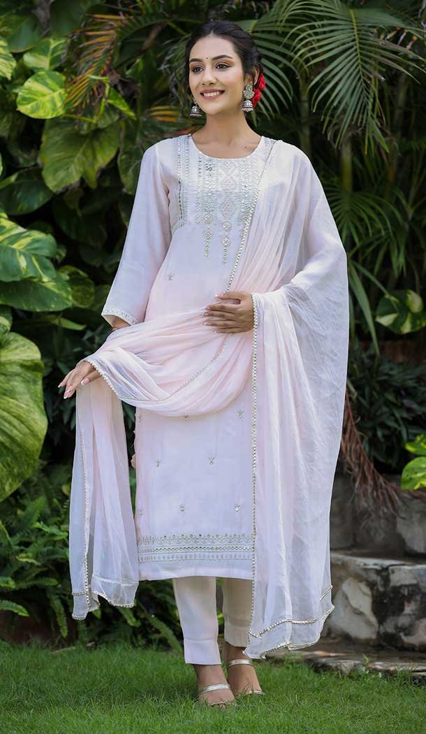 Light Pink Color Modal Silk Mirror Work Readymade Salwar Kameez -5066159584