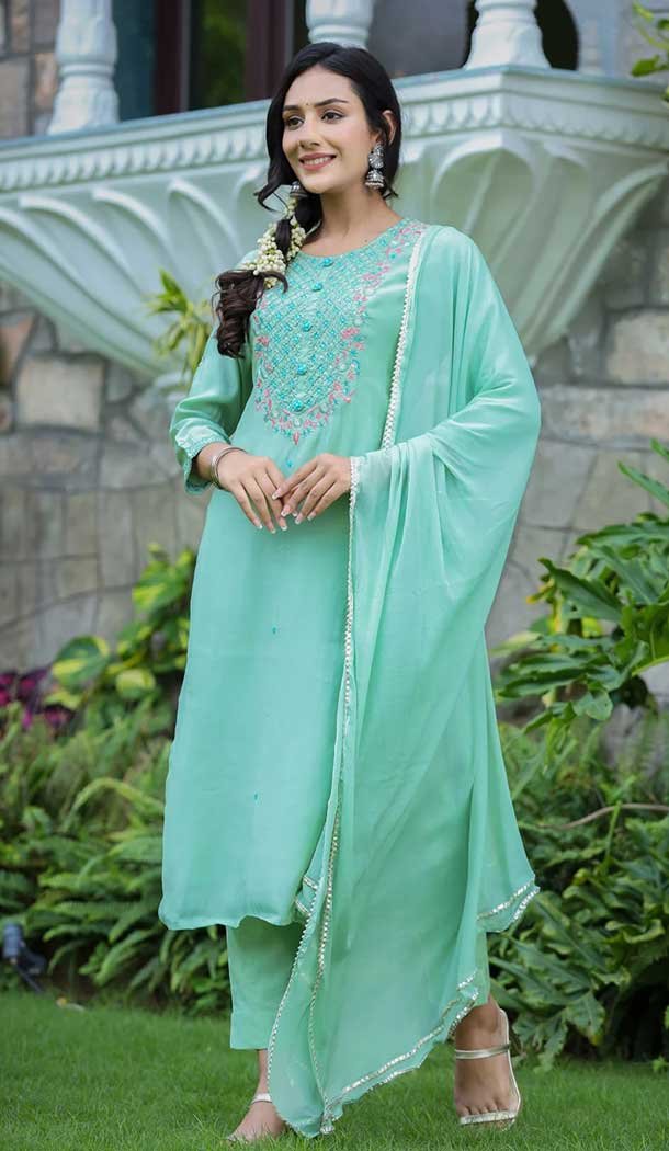 Mint Green Color Modal Silk Zari Work Readymade Salwar Kameez -5066159586