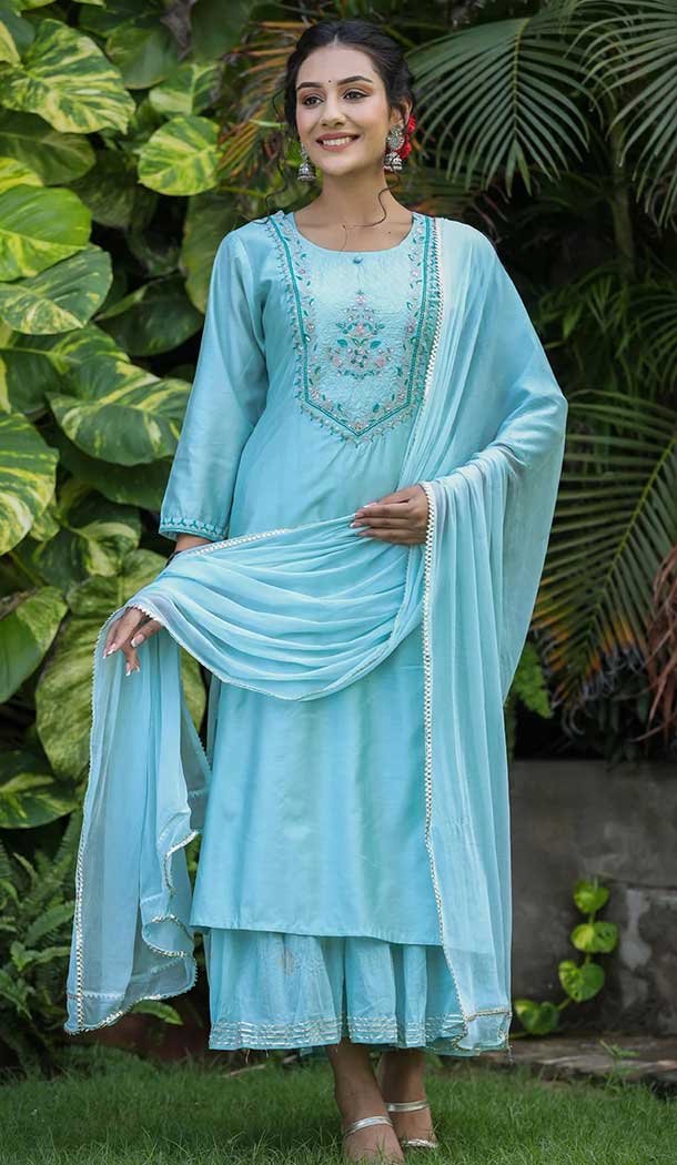 Sky Blue Color Modal Silk Embroidery Work Readymade Salwar Kameez -5066159588