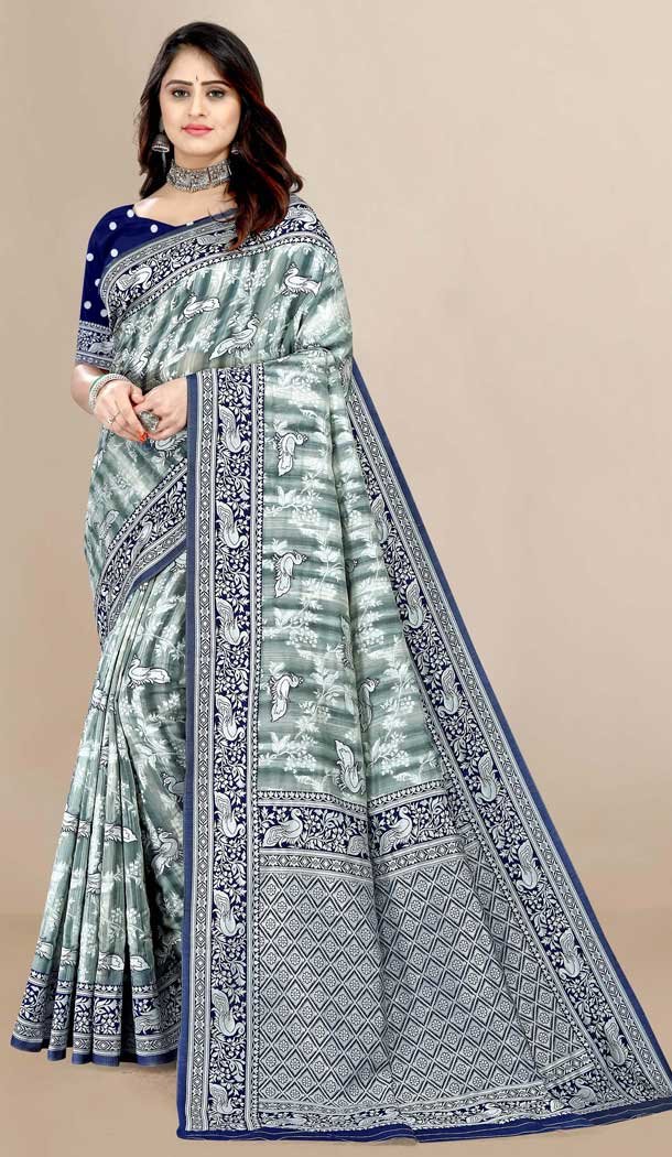 Grey Color Cotton Print Work Casual Office Wear Saree Blouse -5076159644