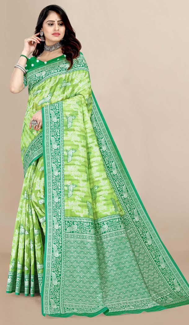 Parrot Green Color Cotton Print Work Casual Office Wear Saree Blouse -5076159645