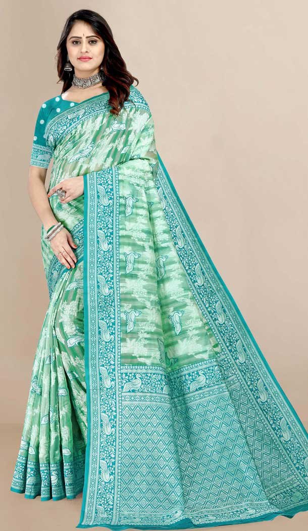 Sea Green Color Cotton Print Work Casual Office Wear Saree Blouse -5076159647