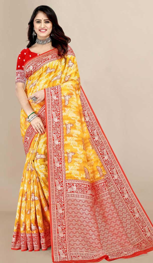 Mustard Color Cotton Print Work Casual Office Wear Saree Blouse -5076159648