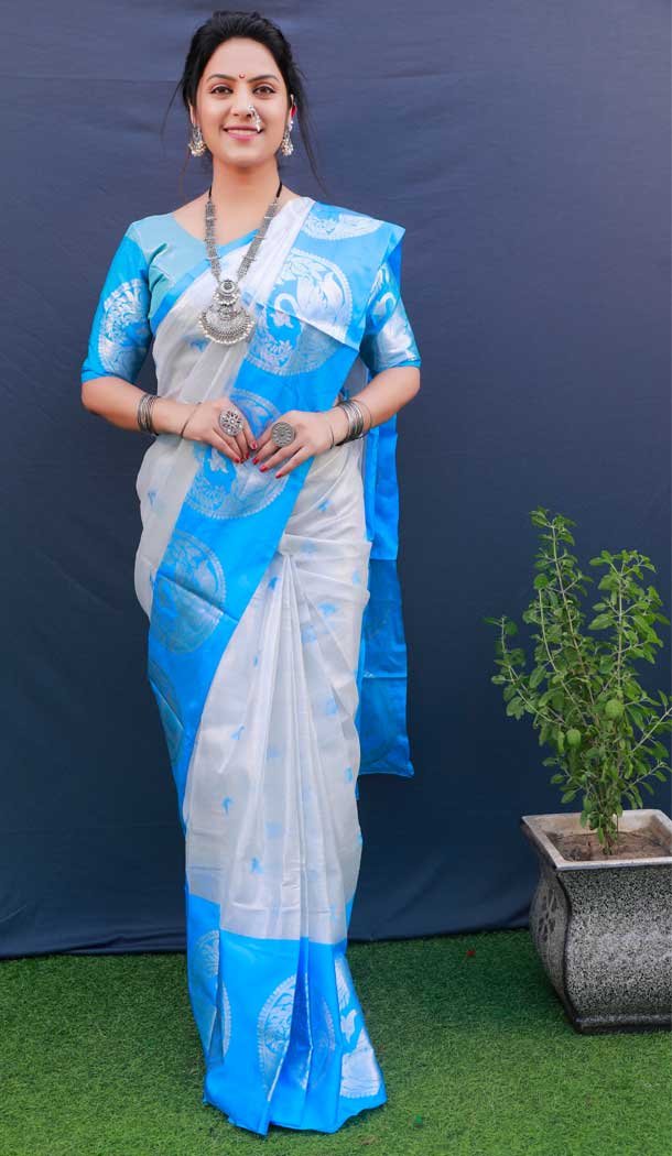 Sky Blue Color Silk Jacquard Work Latest Designer Traditional Casual Wear Saree -5085159756