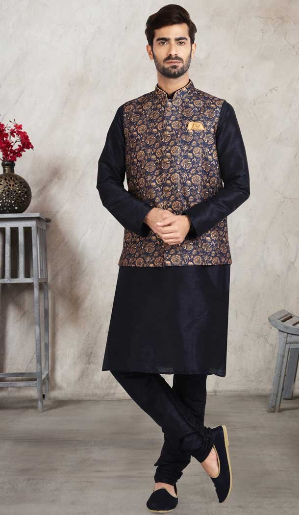 Traditional Wear Black Color Art Silk Printed Work Men’s Kurta Pajama With Jacket -5081159685