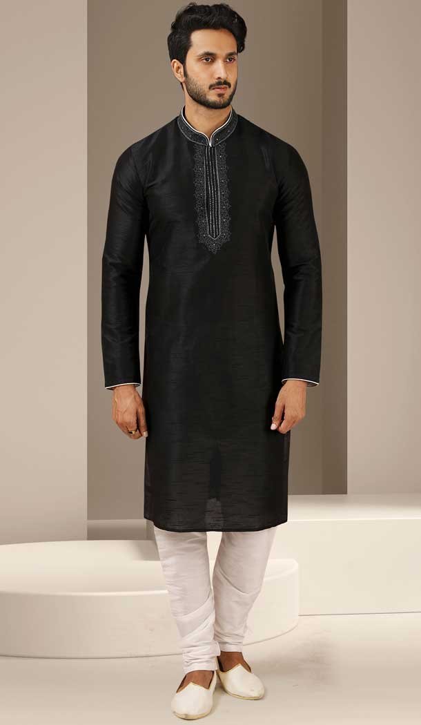 Banarasi Art Silk Black Color Mirror Work Traditional Wear Men’s Kurta Pajama -5083159749