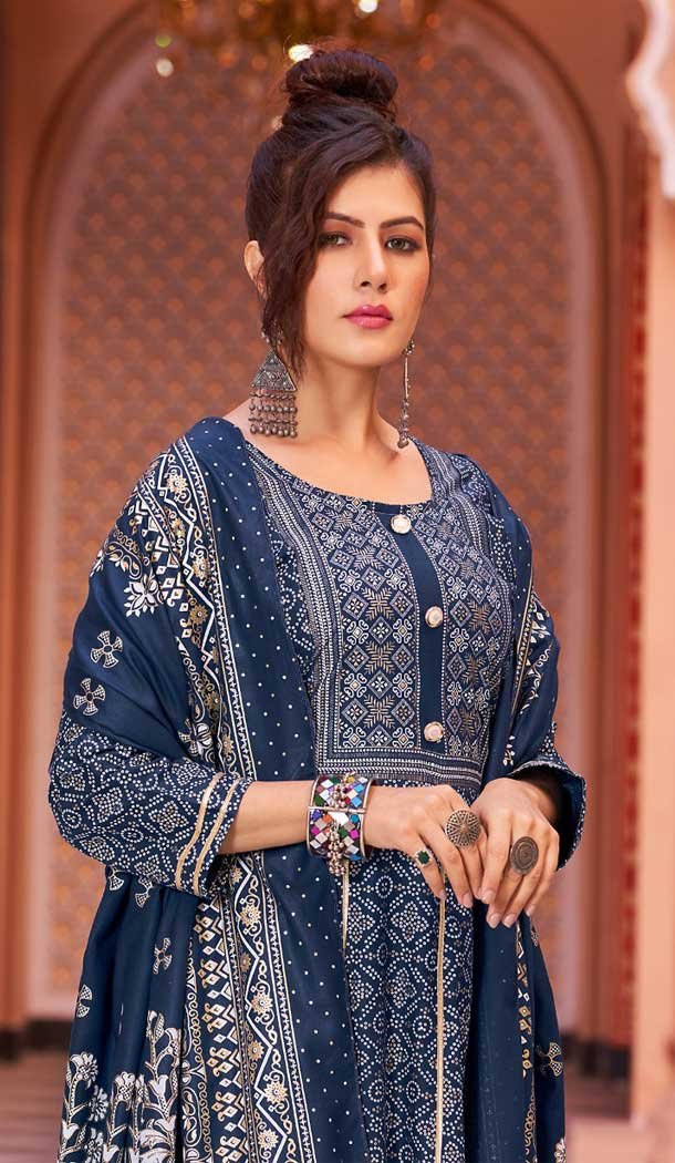 Navy Blue Color Rayon Foil Print And Gota Work Festival Wear Gown With Dupatta -5163160233