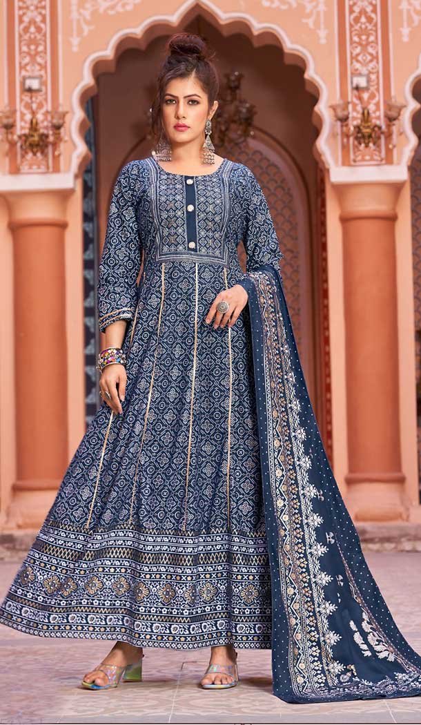 Navy Blue Color Rayon Foil Print And Gota Work Festival Wear Gown With Dupatta -5163160233