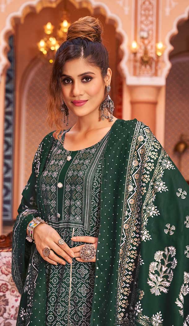 Green Color Rayon Foil Print And Gota Work Festival Wear Gown With Dupatta -5163160235