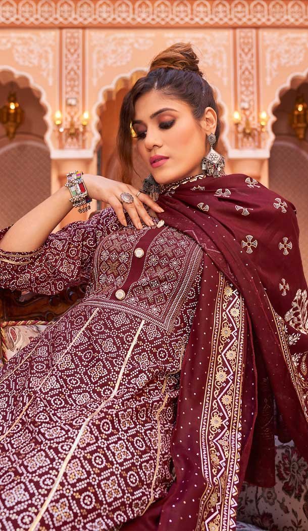 Maroon Color Rayon Foil Print And Gota Work Festival Wear Gown With Dupatta -5163160236