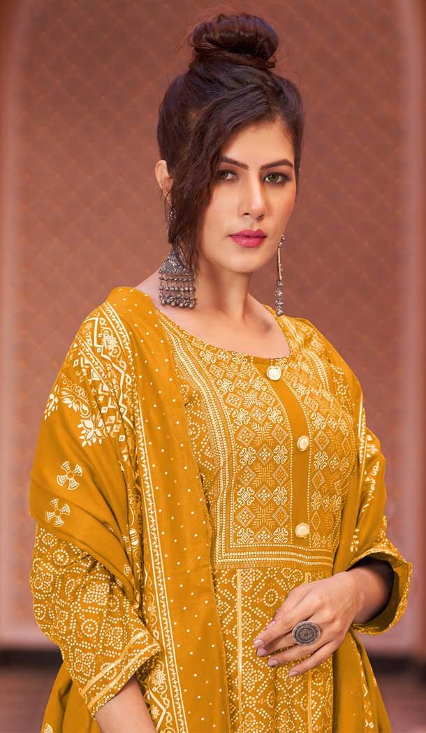 Mustard Color Rayon Foil Print And Gota Work Festival Wear Gown With Dupatta -5163160237