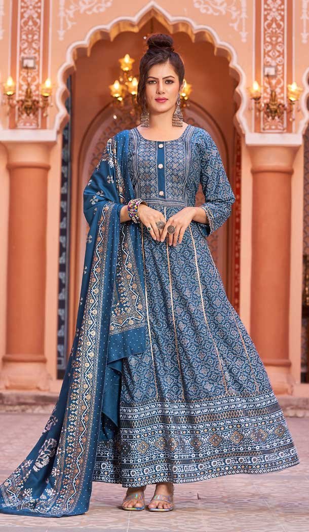 Blue Color Rayon Foil Print And Gota Work Festival Wear Gown With Dupatta -5163160238