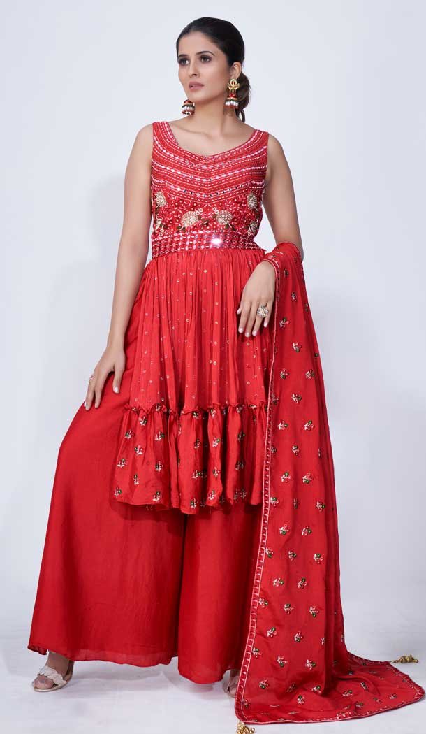 Red Color Chiffon Thread Zari And Mirror Work Readymade Palazzo Suit -5186160410