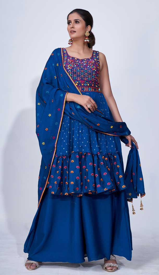 Navy Blue Color Chiffon Thread And Mirror Work Readymade Palazzo Suit -5186160411