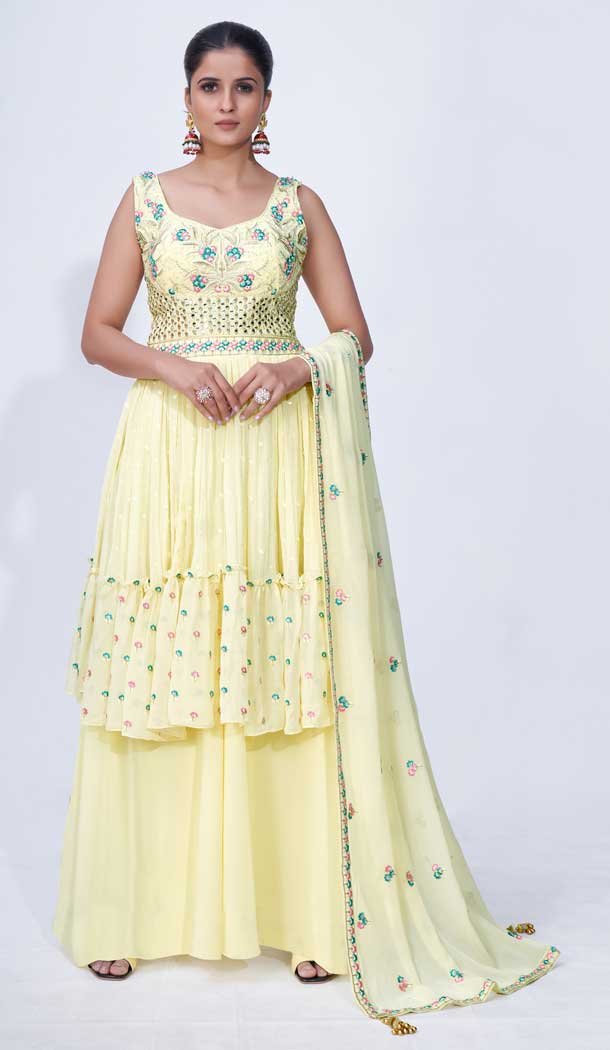 Lime Yellow Color Chiffon Thread  Zari And Mirror Work Readymade Palazzo Suit -5186160412