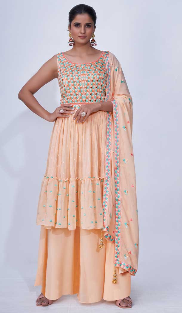 Peach Color Chiffon Thread Beads And Mirror Work Readymade Palazzo Suit -5186160413