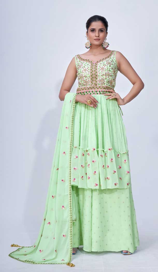 Neon Green Color Chiffon Thread Beads And Mirror Work Readymade Palazzo Suit -5186160414