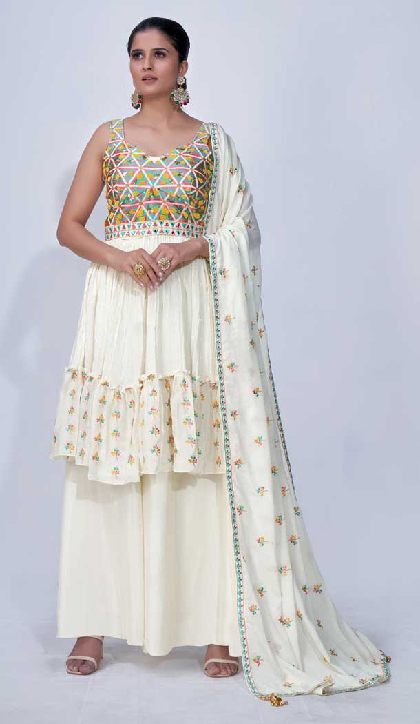 Off White Color Chiffon Thread Beads And Sequence Work Readymade Palazzo Suit -5186160415