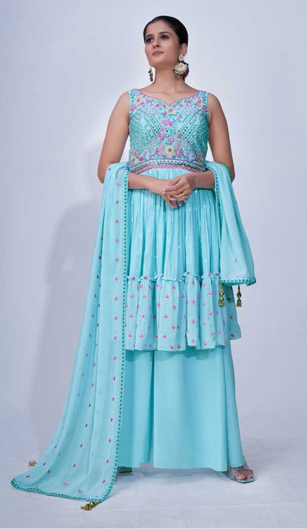 Aqua Color Chiffon Thread Beads And Mirror Work Readymade Palazzo Suit -5186160416