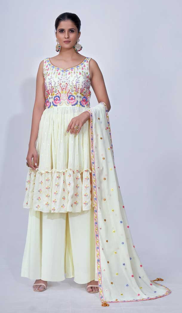 Thread Beads And Mirror Work Off White Color Chiffon Readymade Palazzo Suit -5186160417