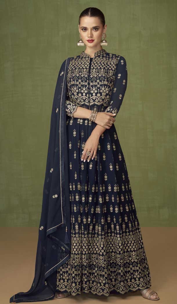 Navy Blue Color Fox Georgette Sequins Work Wedding Wear Salwar Kameez -5230160646