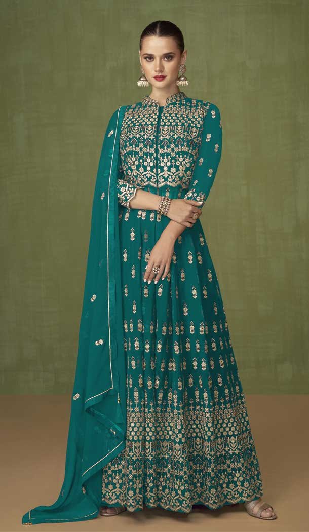 Rama Green Color Fox Georgette Sequins Work Wedding Wear Salwar Kameez -5230160647