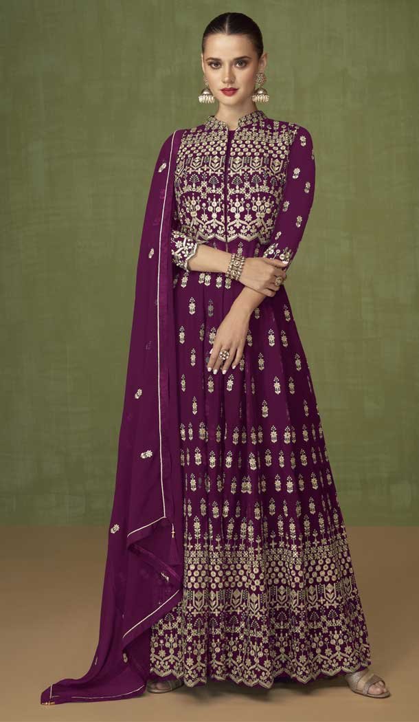 Purple Color Fox Georgette Sequins Work Wedding Wear Salwar Kameez -5230160648