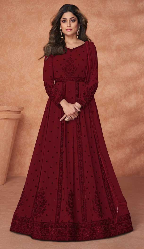 Shamita Shetty Maroon Faux Georgette Embroidery Work Anarkali Salwar Kameez -5246160743