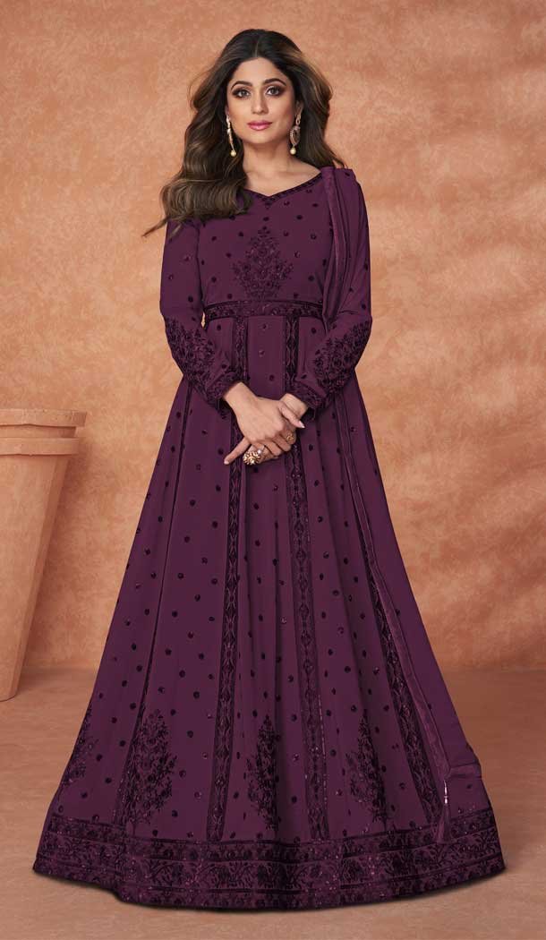 Shamita Shetty Purple Faux Georgette Embroidery Work Anarkali Salwar Kameez -5246160745