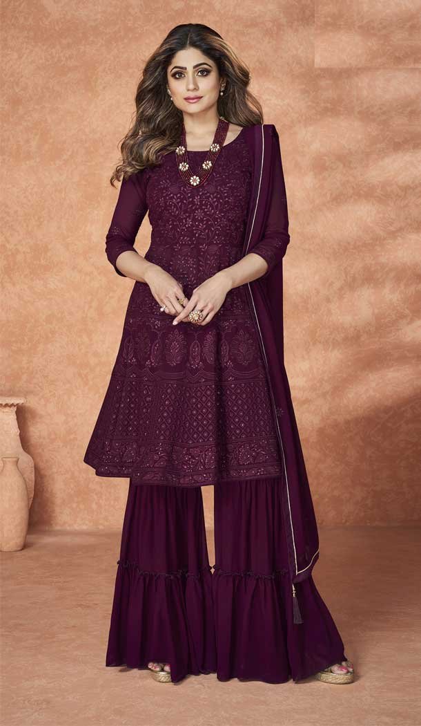 Purple Color Georgette Embroidery Party Wear Sharara Salwar Kameez -5247160747