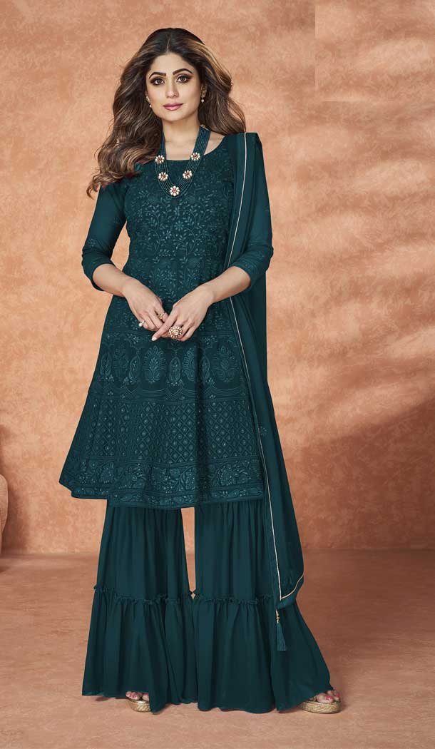 Teal Green Color Georgette Embroidery Party Wear Sharara Salwar Kameez -5247160748