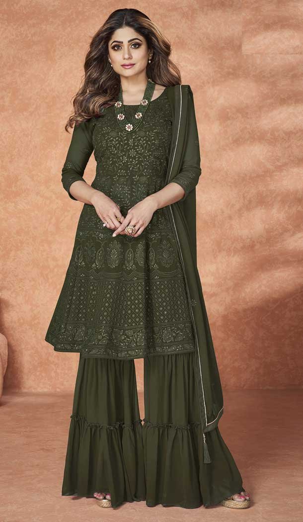 Mehendi Green Color Georgette Embroidery Party Wear Sharara Salwar Kameez -5247160749