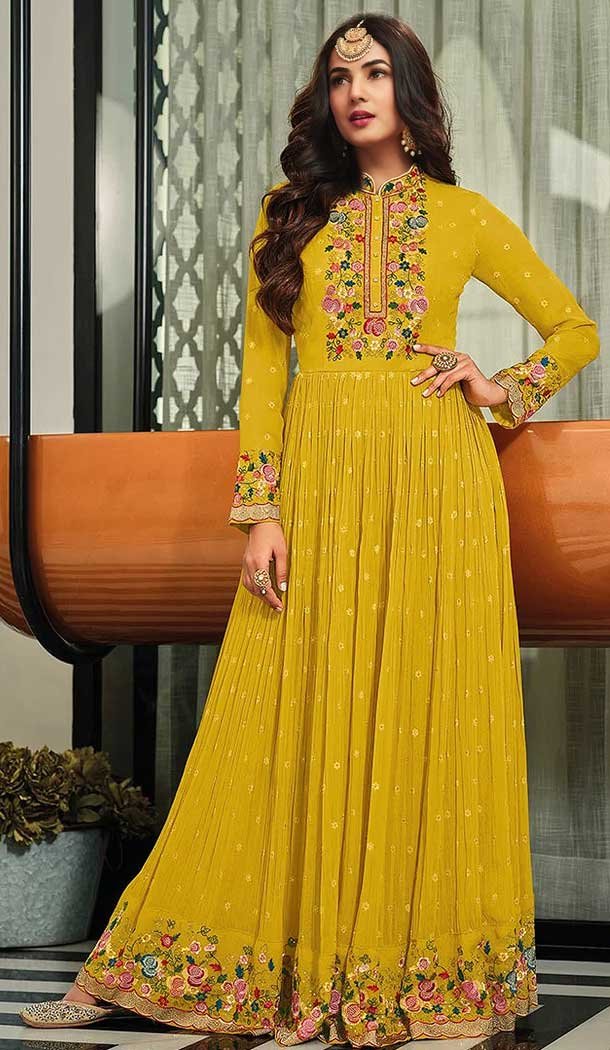 Yellow Color Georgette Embroidery Party Wear Women Gown Dresses -5248160751