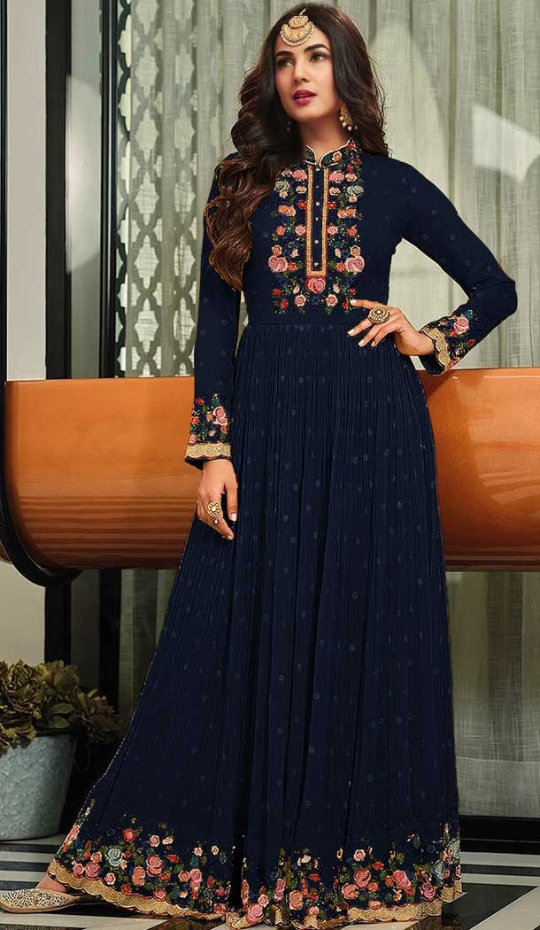 Navy Blue Color Georgette Embroidery Party Wear Women Gown Dresses -5248160752