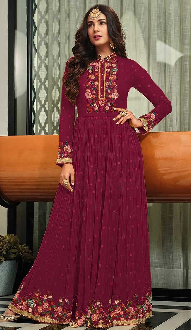 Dark Pink Color Georgette Embroidery Party Wear Women Gown Dresses -5248160753