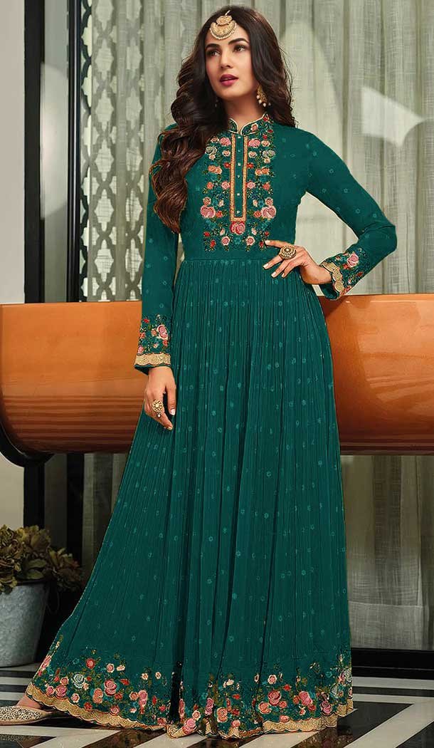 Teal Green Color Georgette Embroidery Party Wear Women Gown Dresses -5248160754