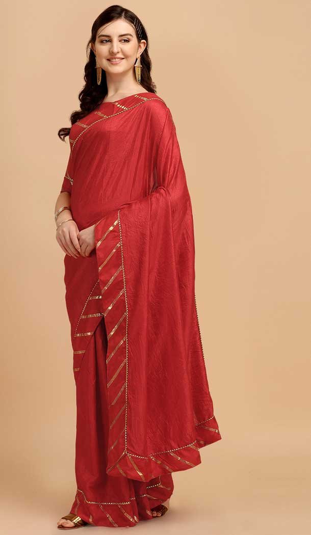 Red Color Dola Silk Foil Print Work Casual Wear Designer Saree -5408161913