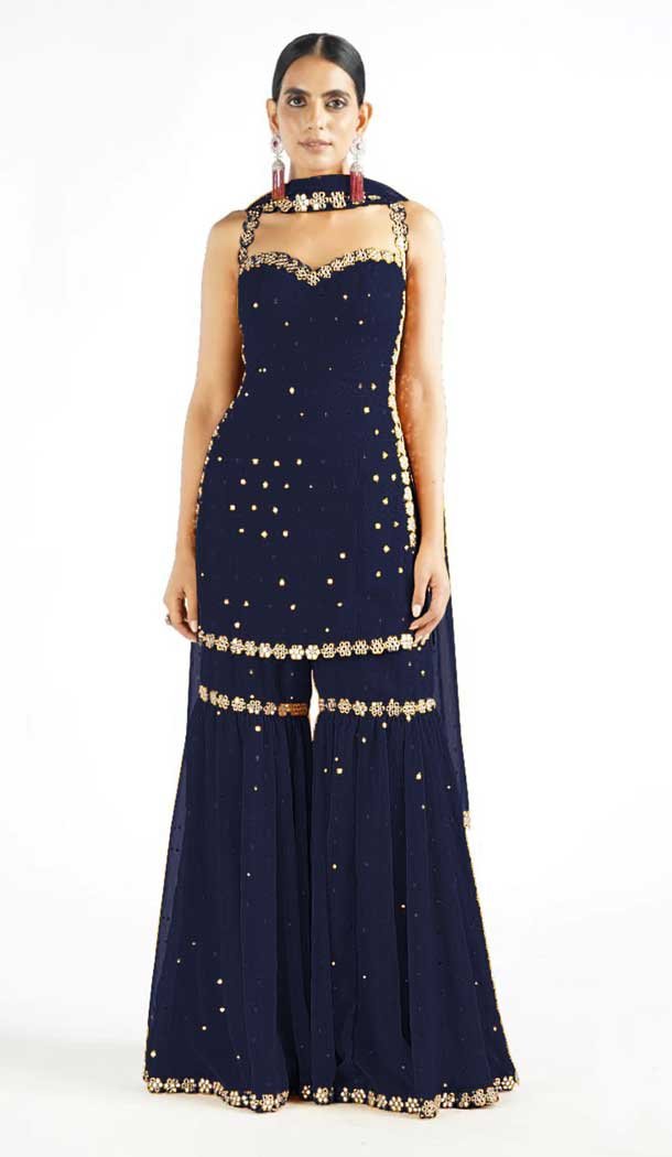 Navy Blue Color Fox Georgette Embroidery Work Festival Wear Sharara Suit -5390161788