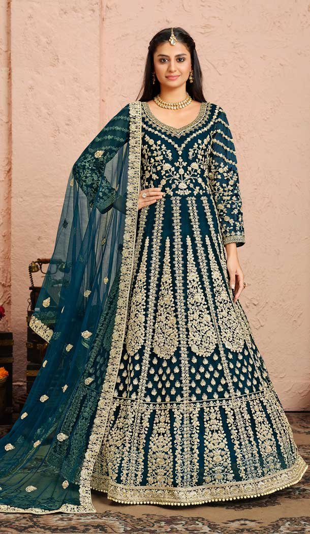 Rama Color Net Embroidered Work Gown Style Anarkali Salwar Kameez -5393161808