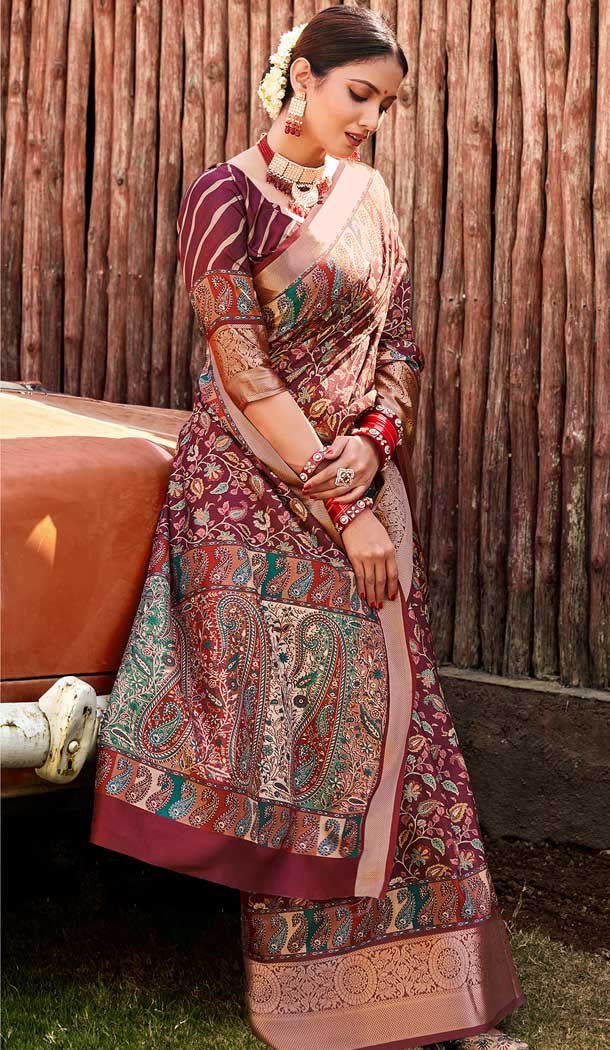 Wine Color Silk Digital Print Work Casual Party Wear Saree -54775162350