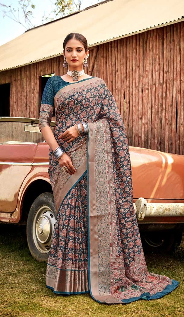 Blue Color Silk Digital Print Work Casual Party Wear Saree -54775162351