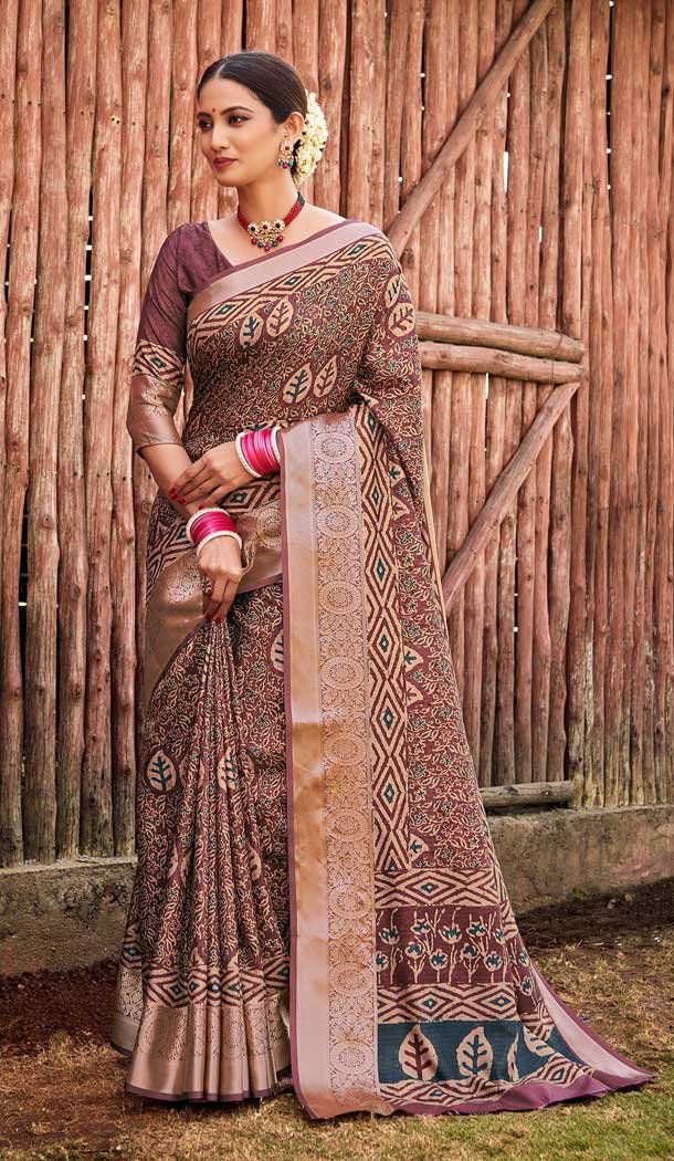 Brown Color Silk Digital Print Work Casual Party Wear Saree -54775162355