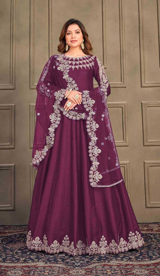 Wedding Wear Burgundy Color Art Silk Anarkali Style Salwar Kameez -5494162470