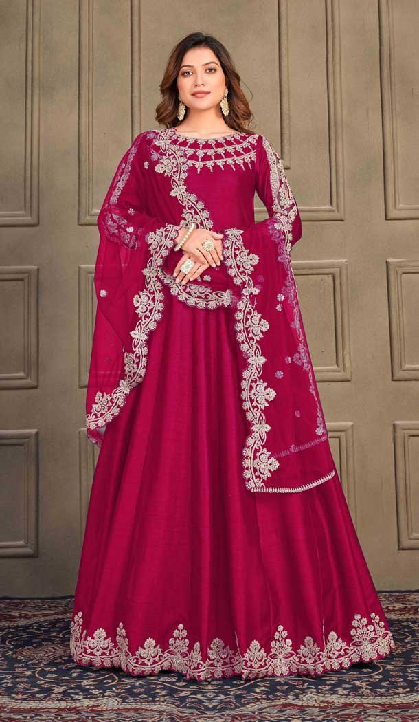 Wedding Wear Dark Pink Color Art Silk Anarkali Style Salwar Kameez -5494162472