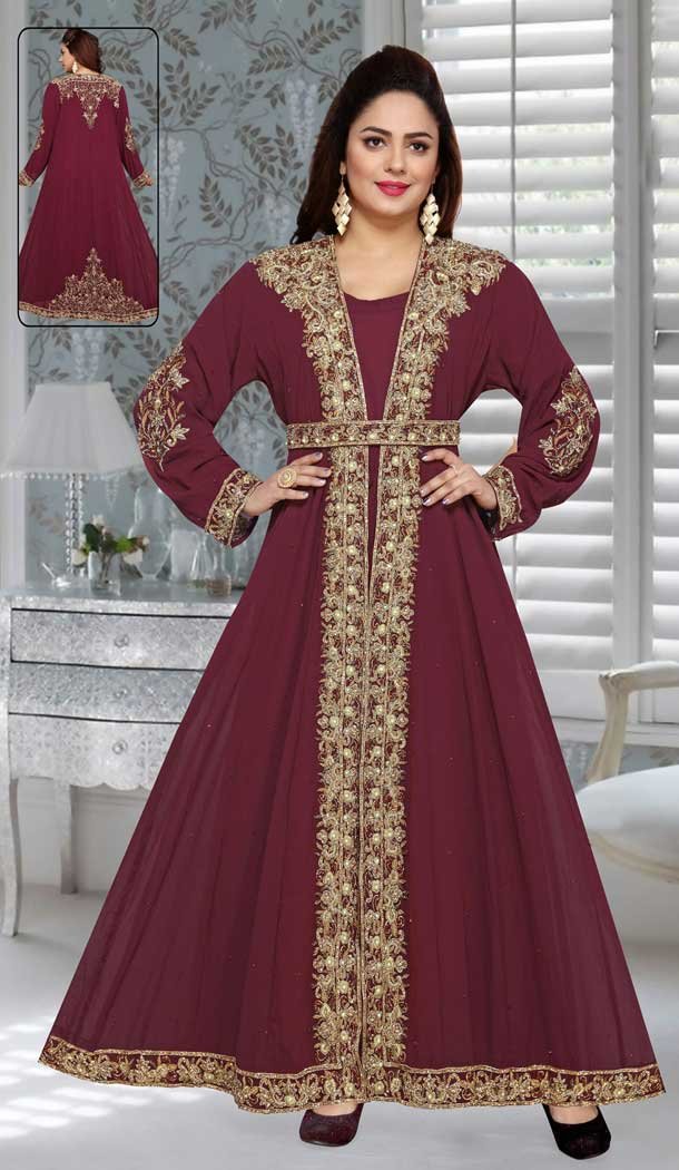 Burgundy Color Fox Georgette Embroidery Work Party Wear Designer Kaftan -5525162686