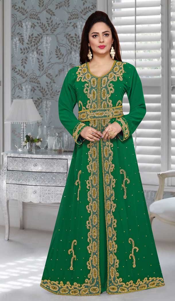 Embroidery Work Fox Georgette Green Color Party Wear Designer Kaftan -5525162687