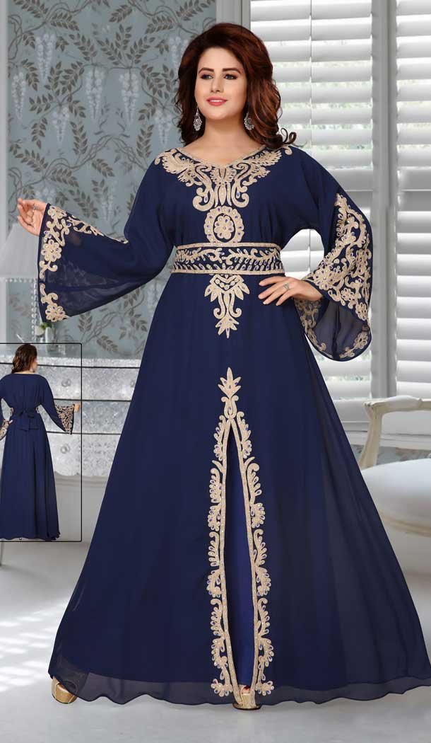 Navy Blue Color Fox Georgette Embroidered Work Party Wear Designer Kaftan -5526162703